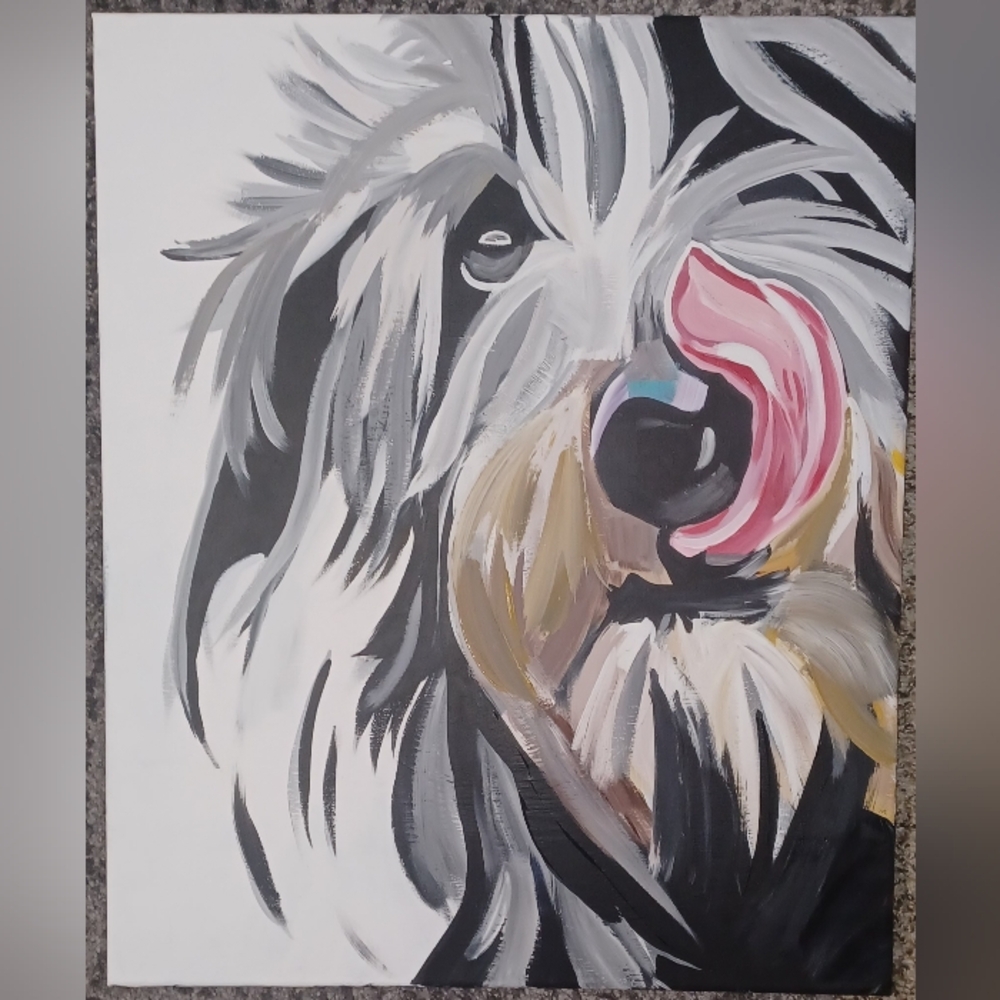 Original Acrylic Chic Canine Art Canvas - Black, White, and Pink